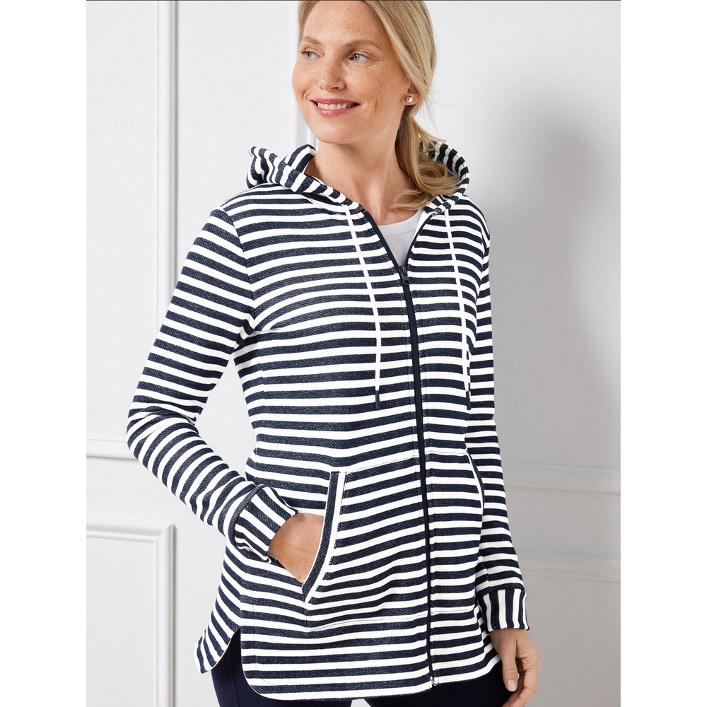 Talbots Vale Stripe Classic French Terry Hooded Jacket Blue White Beachy Size XS